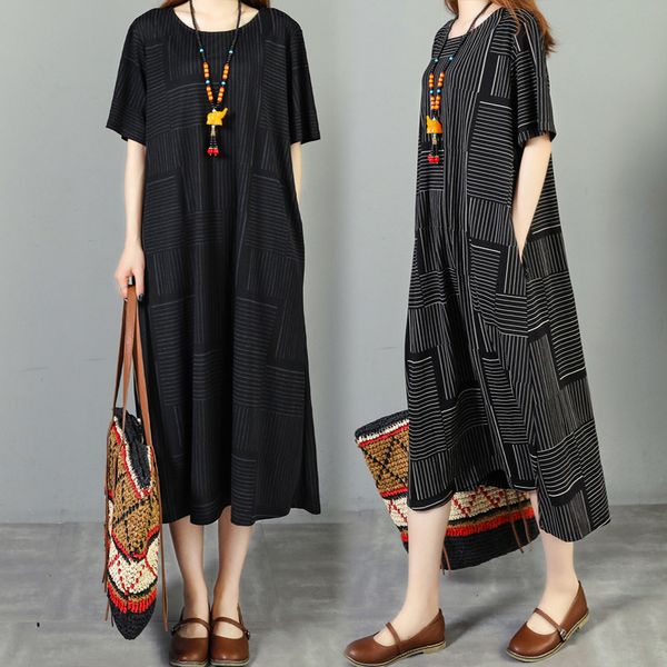 dresses 2021 summer new loose large literary women's slim vertical stripe medium length cotton linen short sleeve dress, Black;gray
dresses 2021 summer new loose large literary women's slim vertical stripe medium length cotton linen short sleeve dress, Black;gray