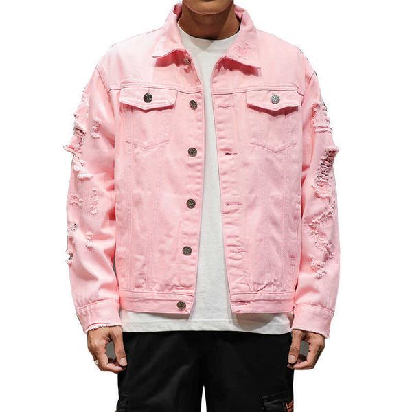 red white black pink short length ripped denim jackets men fashion casual cotton jean coats hip hop streetwear 4xl 5xl 210528, Black;brown
red white black pink short length ripped denim jackets men fashion casual cotton jean coats hip hop streetwear 4xl 5xl 210528, Black;brown