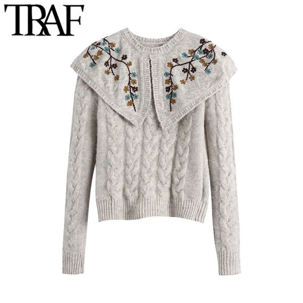 women fashion embroidered cropped knitted sweater vintage peter pan collar long sleeve female pullovers chic 210507, White;black
women fashion embroidered cropped knitted sweater vintage peter pan collar long sleeve female pullovers chic 210507, White;black