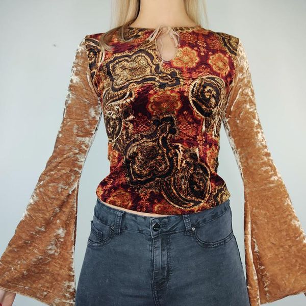 women's t-shirt vintage velvet floral crop women’s casual o neck flared sleeve print tie-up round exposed navel pullovers, White
women's t-shirt vintage velvet floral crop women’s casual o neck flared sleeve print tie-up round exposed navel pullovers, White