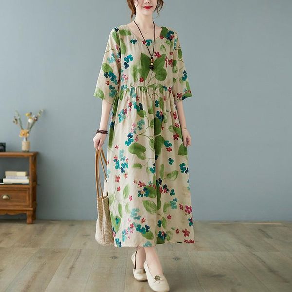 party dresses women cotton linen casual arrival 2021 summer vintage style floral print loose comfortable female long b683, White;black
party dresses women cotton linen casual arrival 2021 summer vintage style floral print loose comfortable female long b683, White;black