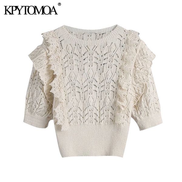 women fashion with ruffle trims cropped knitted sweater vintage o neck short sleeve female pullover chic 210416, White;black
women fashion with ruffle trims cropped knitted sweater vintage o neck short sleeve female pullover chic 210416, White;black