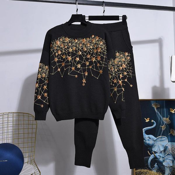 women's two piece pants autumn fashion beading embroidery flowers knitted tracksuit outfits women loose black sweater pencil set female, White
women's two piece pants autumn fashion beading embroidery flowers knitted tracksuit outfits women loose black sweater pencil set female, White