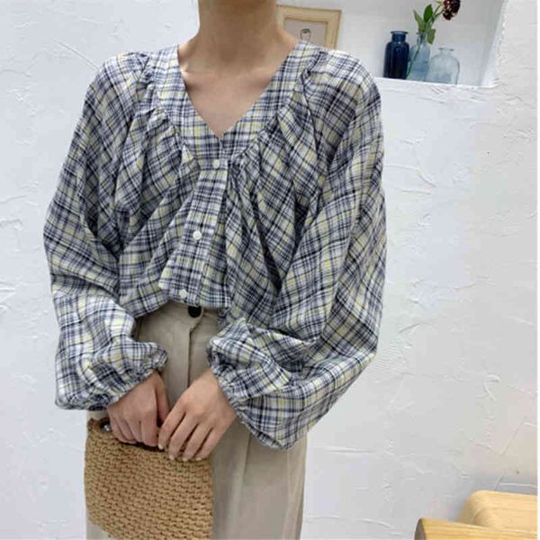 shirts arrival autumn korea fashion cleavage v lantern loose cotton shirt chess women's blouse s113, White
shirts arrival autumn korea fashion cleavage v lantern loose cotton shirt chess women's blouse s113, White