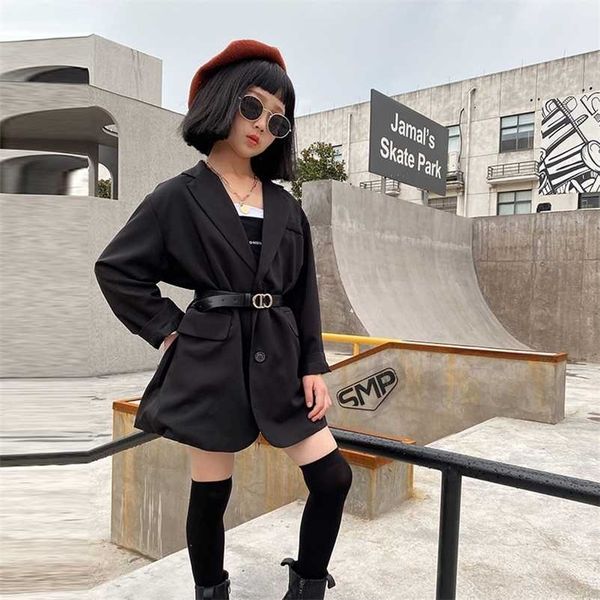 black girls blazer coats autumn children's clothing long style blazers jacket with waistband teenager outerwear 211204, Blue;gray
black girls blazer coats autumn children's clothing long style blazers jacket with waistband teenager outerwear 211204, Blue;gray