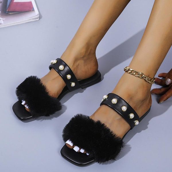 slippers fluffy faux fur pearl women shoes pu leather strap flat heel woman plus size non slip outdoor slides, Black
slippers fluffy faux fur pearl women shoes pu leather strap flat heel woman plus size non slip outdoor slides, Black