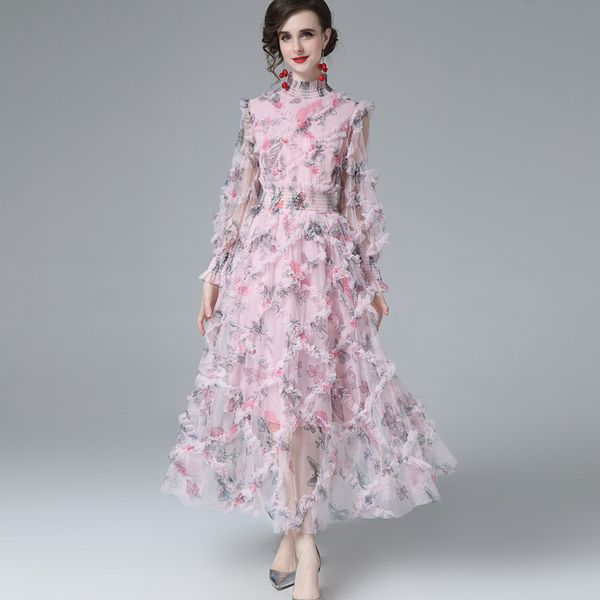 women's runway dress stand collar long lantern sleeves printed ruffles elegant fashion floral party prom gown, Black
women's runway dress stand collar long lantern sleeves printed ruffles elegant fashion floral party prom gown, Black