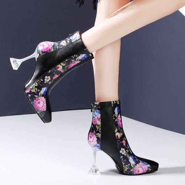 boots womens pointy toe genuine leather flowers ankle floral printed strange high clear red wine glass crystal heel sho, Black
boots womens pointy toe genuine leather flowers ankle floral printed strange high clear red wine glass crystal heel sho, Black