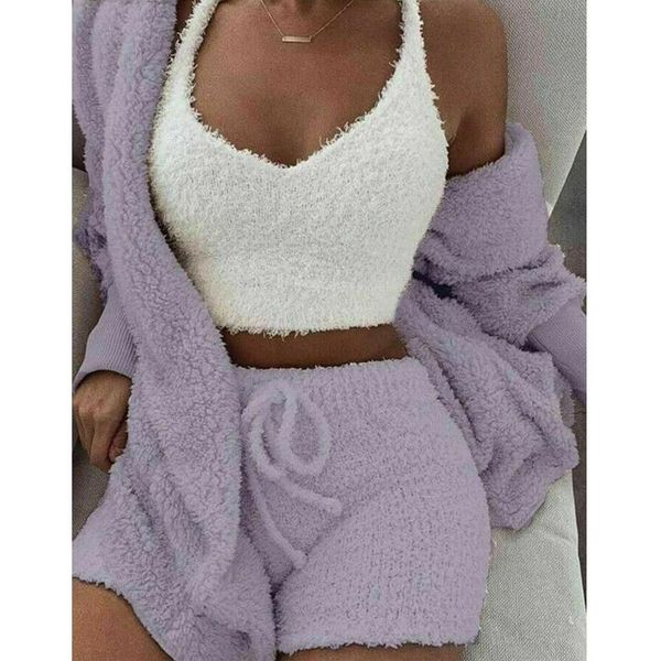 two piece dress fluffy hooded long sleeves coat open front teddy shorts vest set for women winter c66, White
two piece dress fluffy hooded long sleeves coat open front teddy shorts vest set for women winter c66, White