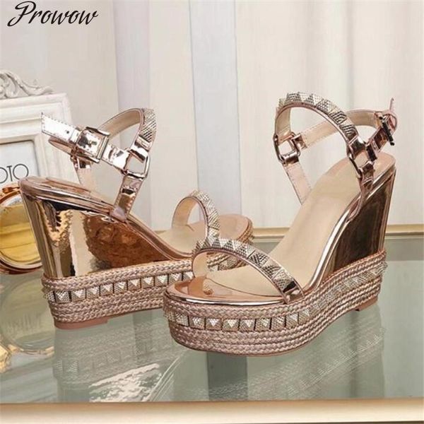 sandals rose gold high heels fashion designer red bottom shoes women wedge heel platform brand gladiator studs rivet, Black
sandals rose gold high heels fashion designer red bottom shoes women wedge heel platform brand gladiator studs rivet, Black