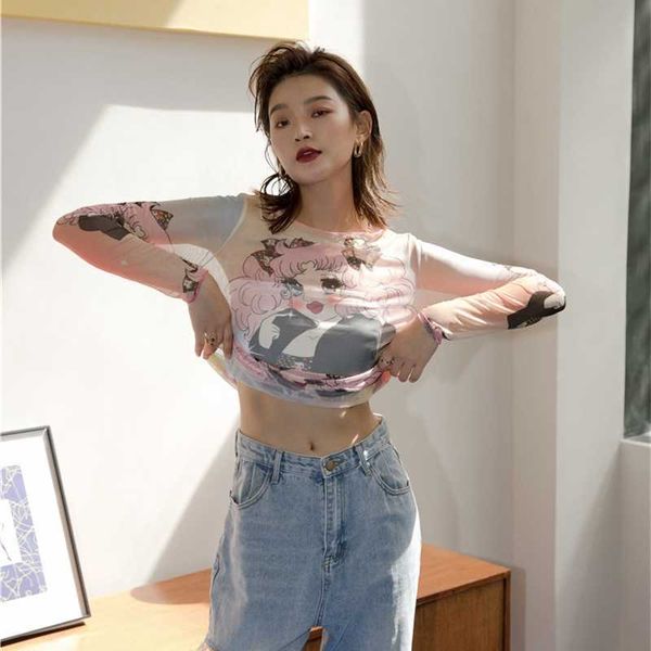 women's t-shirt cartoon t shirt mesh long sleeve anime tshirt women pink print see through transparent fall fashion 4dp8, White
women's t-shirt cartoon t shirt mesh long sleeve anime tshirt women pink print see through transparent fall fashion 4dp8, White