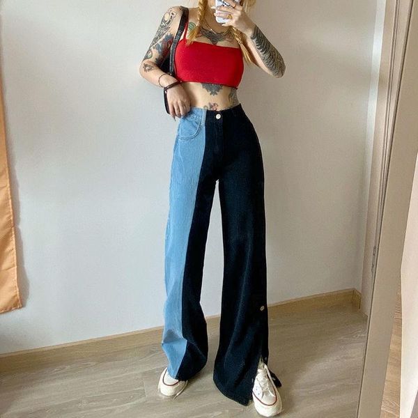 women's jeans fashion side covered button slit wide leg denim pants women loose casual streetwear color block patchwork trousers femal, Blue
women's jeans fashion side covered button slit wide leg denim pants women loose casual streetwear color block patchwork trousers femal, Blue