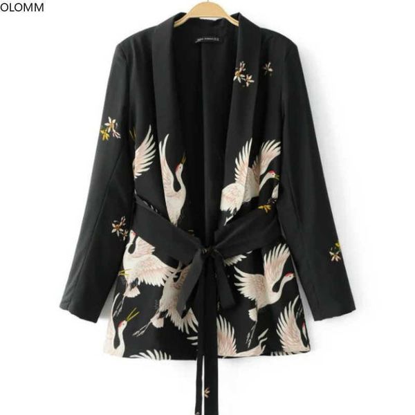 women's jacket fashion crane print bouquet with kimono suit blazer women summer women's clothing 210527, White;black
women's jacket fashion crane print bouquet with kimono suit blazer women summer women's clothing 210527, White;black
