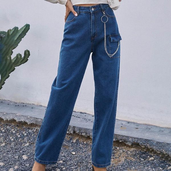 women's harajuku slim fit straight pants fashion high waist pocket chain harem jeans female streetwear denim pant, Blue
women's harajuku slim fit straight pants fashion high waist pocket chain harem jeans female streetwear denim pant, Blue