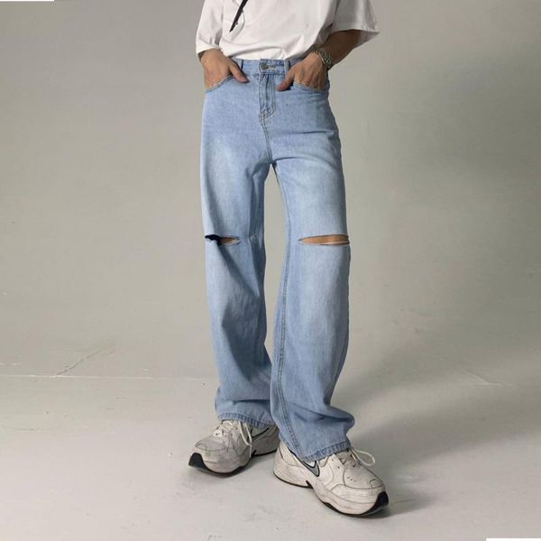 men's jeans male harajuku streetwear vintage hip hop denim pant korean style distressed hole straight washed trousers, Blue
men's jeans male harajuku streetwear vintage hip hop denim pant korean style distressed hole straight washed trousers, Blue