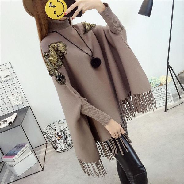 women's sweaters bat shirt turtleneck sweater pullover 2021 autumn and winter cloak mid-length tassel shawl outside, White;black
women's sweaters bat shirt turtleneck sweater pullover 2021 autumn and winter cloak mid-length tassel shawl outside, White;black