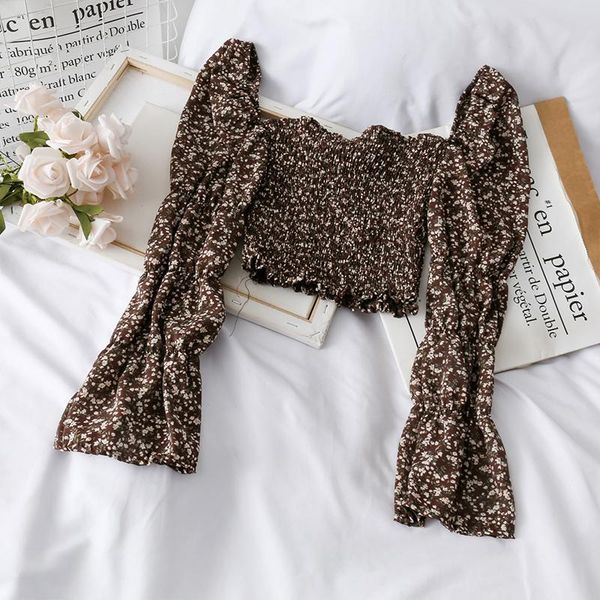 women's blouses & shirts autumn and winter small fold fit short blouse open collarbone trumpet sleeve floral bottoming shirt pen1, White 
women's blouses & shirts autumn and winter small fold fit short blouse open collarbone trumpet sleeve floral bottoming shirt pen1, White