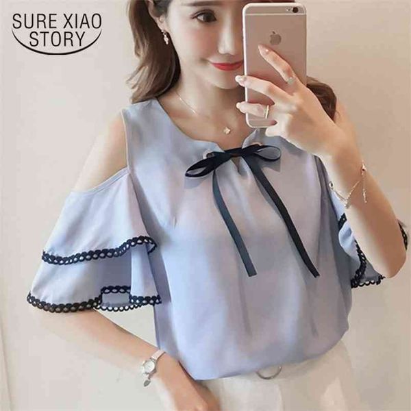 summer chiffon women blouse shirt flare sleeve v neck feminina blue color bow fashion clothing 0341 40 210506, White