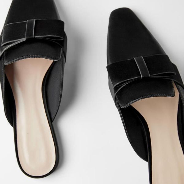 slippers 2021 shoes black bow decorations flat muller low heel sandals womens
