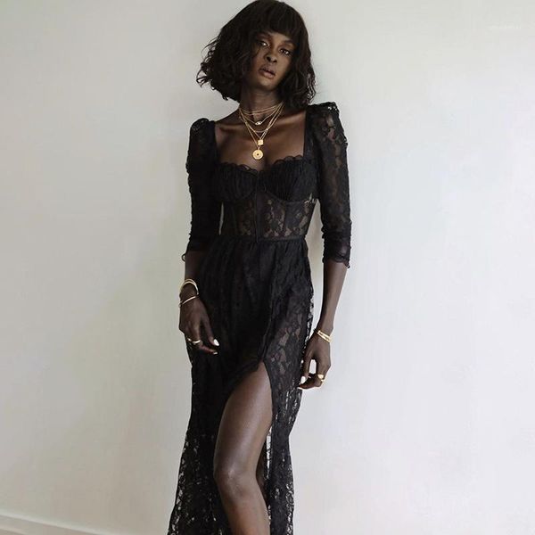 summer perspective lace dress women 2021 solid square collar three quarter sleeve backless long split ladies casual dresses, Black;gray
summer perspective lace dress women 2021 solid square collar three quarter sleeve backless long split ladies casual dresses, Black;gray