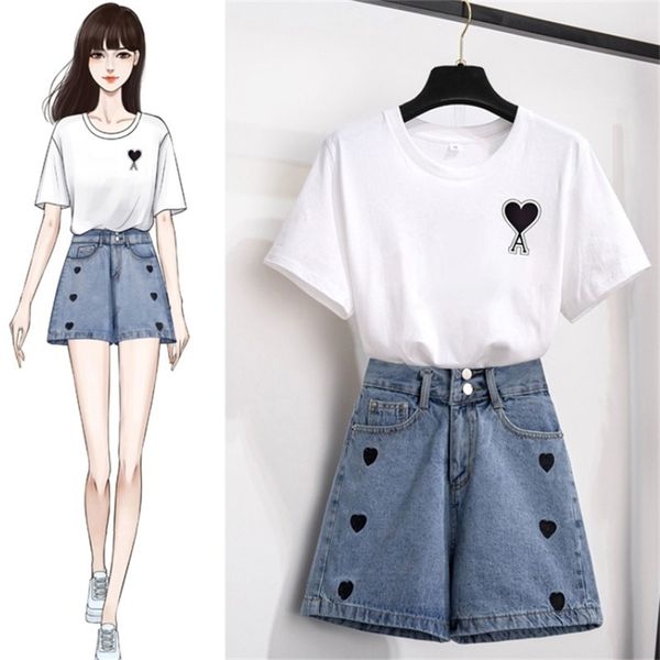 summer two piece set woman white short sleeve t-shirt + high waist denim shorts female fashion suit 210519
summer two piece set woman white short sleeve t-shirt + high waist denim shorts female fashion suit 210519