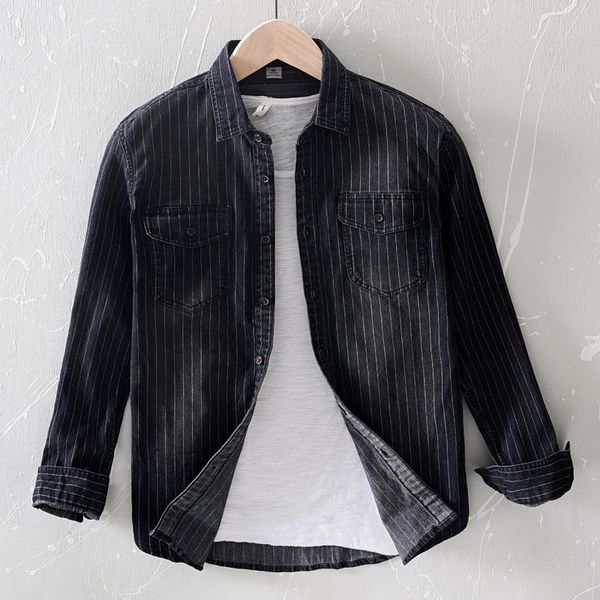 men's long 2021 sleeve vintage striped denim shirts with pockets full cotton casual men blue black, White;black
men's long 2021 sleeve vintage striped denim shirts with pockets full cotton casual men blue black, White;black