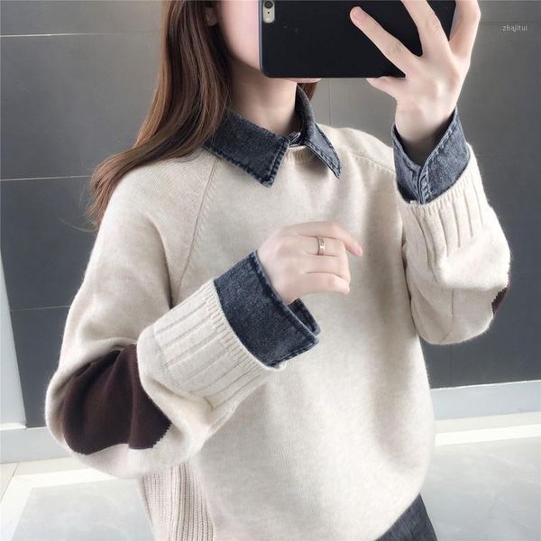 women's sweaters fake two piece denim collar loose sweater autumn and winter languid style pullover knitted, White;black
women's sweaters fake two piece denim collar loose sweater autumn and winter languid style pullover knitted, White;black