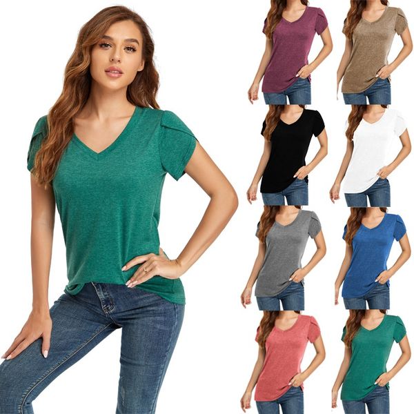 women's 2021 spring and summer new solid color v-neck short sleeve t-shirt loose casual top, White 
women's 2021 spring and summer new solid color v-neck short sleeve t-shirt loose casual top, White