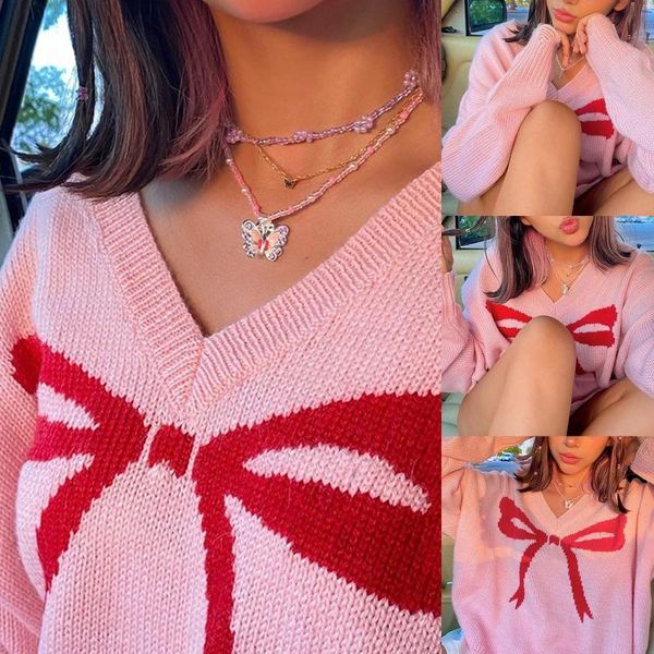women long sleeve v-neck ribbed trim sweater sweet bow print jumper crop 28gb women's sweaters, White;black
women long sleeve v-neck ribbed trim sweater sweet bow print jumper crop 28gb women's sweaters, White;black
