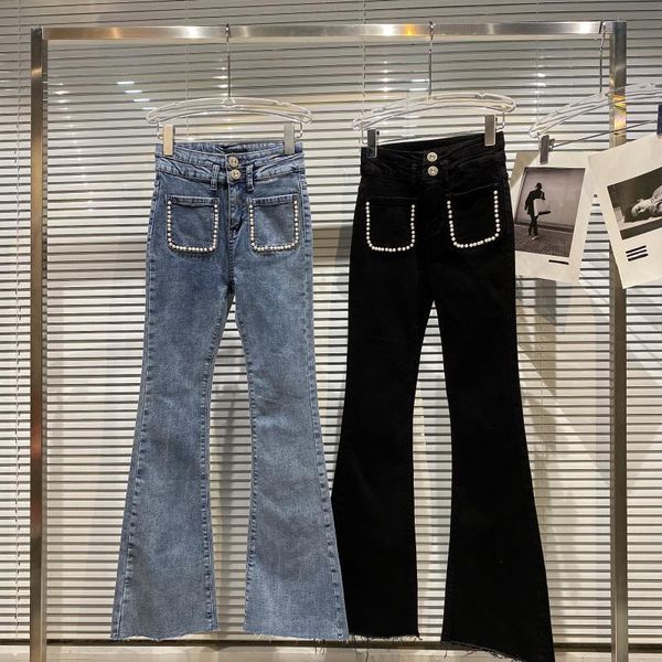 women's jeans high street est 2021 designer fashion denim pearls beaded pocket waist flare pants, Blue
women's jeans high street est 2021 designer fashion denim pearls beaded pocket waist flare pants, Blue
