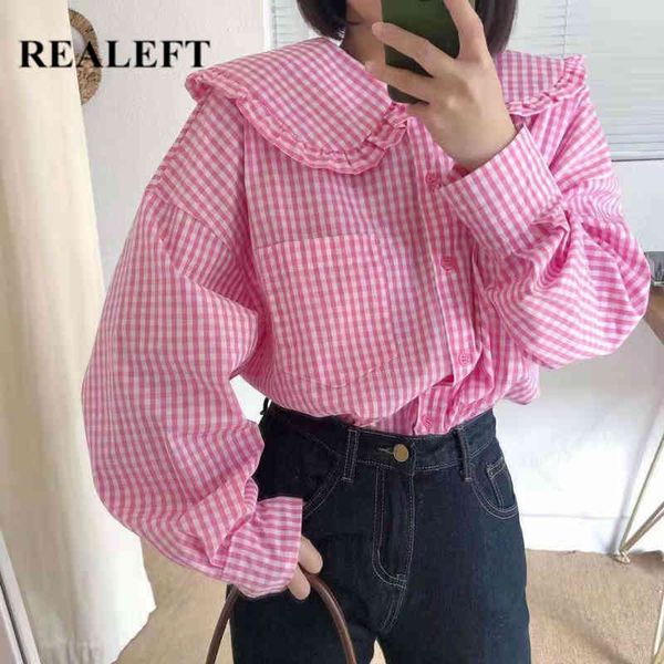long sleeve ladies shirts fashion chic doll collar plaid design casual oversize loose women blouse female 210428, White
long sleeve ladies shirts fashion chic doll collar plaid design casual oversize loose women blouse female 210428, White