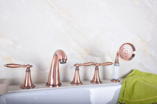 bathroom sink faucets antique red copper brass widespread 5 hole roman tub bath faucet with telephone style hand held shower head atf196
bathroom sink faucets antique red copper brass widespread 5 hole roman tub bath faucet with telephone style hand held shower head atf196