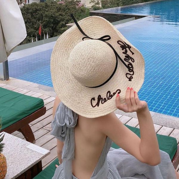 women letter embroidery bowknot straw weave hat large brim anti-uv sunhat cap wide hats, Blue;gray
women letter embroidery bowknot straw weave hat large brim anti-uv sunhat cap wide hats, Blue;gray