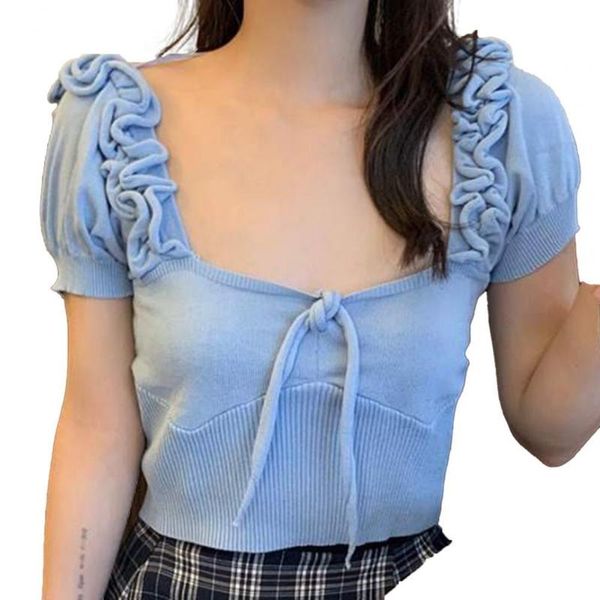 women's t-shirt women t-shirts bow tie puff sleeve matching knitted square neck streetwear clothing 2021, White
women's t-shirt women t-shirts bow tie puff sleeve matching knitted square neck streetwear clothing 2021, White