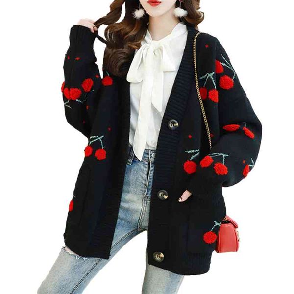 women's sweaters thick cardigan with low-cut v for autumn and winter, women's knitted loose cherry embroidery cmfm, White;black
women's sweaters thick cardigan with low-cut v for autumn and winter, women's knitted loose cherry embroidery cmfm, White;black