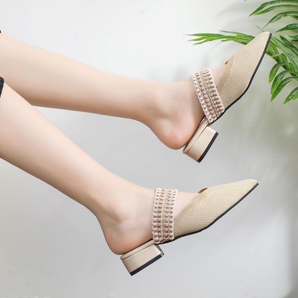 women slippers spring summer weave elastic band shoes woman mules pointed half square heel outside slides, Black
women slippers spring summer weave elastic band shoes woman mules pointed half square heel outside slides, Black