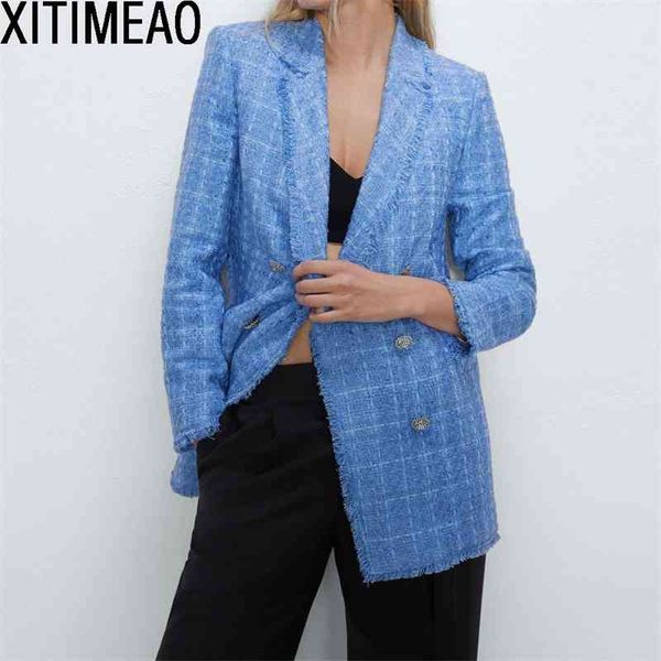 za women fashion office wear double breasted tweed blazer coat vintage long sleeve frayed female outerwear chic 210604, White;black
za women fashion office wear double breasted tweed blazer coat vintage long sleeve frayed female outerwear chic 210604, White;black