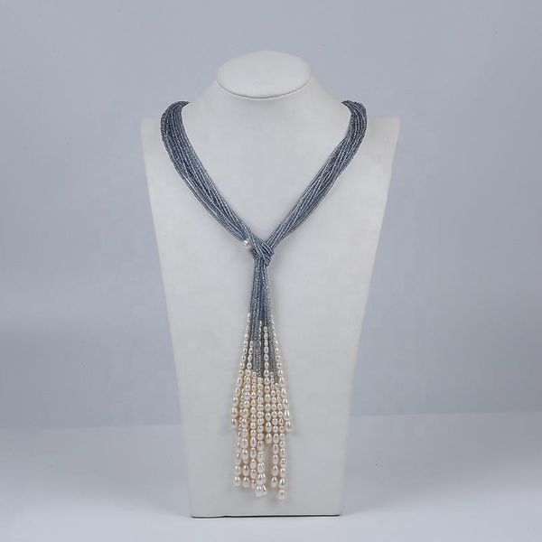 chains fashion elegant blue gray freshwater rice pearl long necklace for women, Silver
chains fashion elegant blue gray freshwater rice pearl long necklace for women, Silver