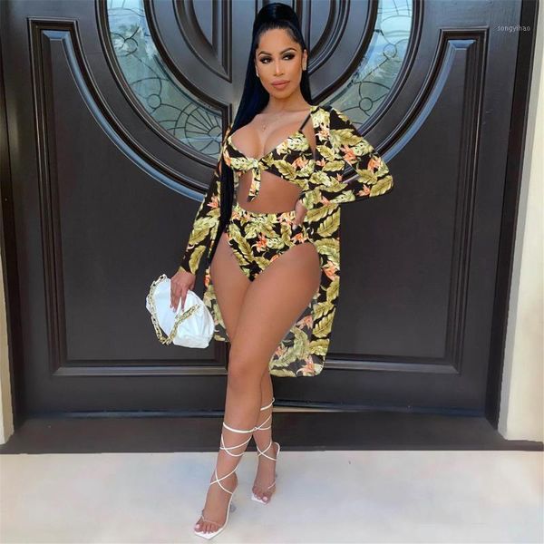 women three-piece high waist bikini set print swimwear summer push up halter bra+bottom+long sleeve cover beachwear women's, White;black
women three-piece high waist bikini set print swimwear summer push up halter bra+bottom+long sleeve cover beachwear women's, White;black