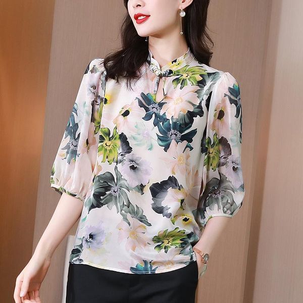 women's blouses & shirts chinese style women floral print shirt elegant mandarin collar three quarter sleeve summer office lady 100% re, White
women's blouses & shirts chinese style women floral print shirt elegant mandarin collar three quarter sleeve summer office lady 100% re, White