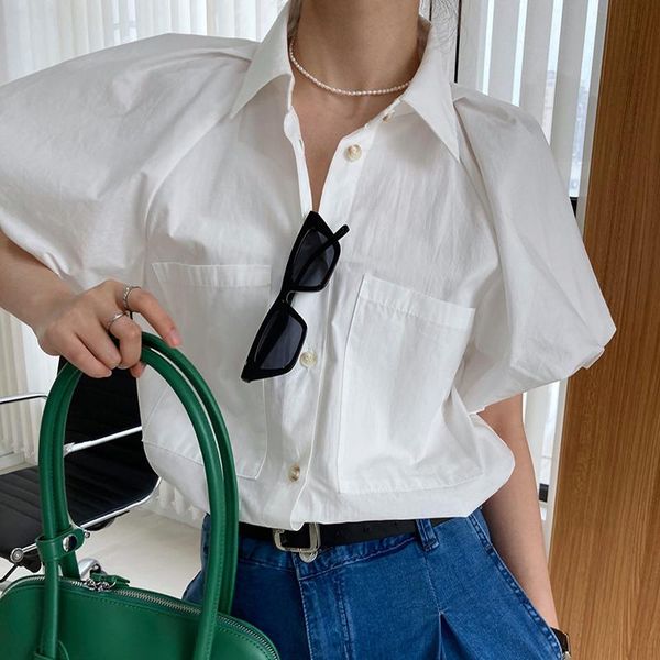 women's blouses & shirts shirt cotton puff sleeve for women summer short solid color pocket turn-down collar and, White
women's blouses & shirts shirt cotton puff sleeve for women summer short solid color pocket turn-down collar and, White