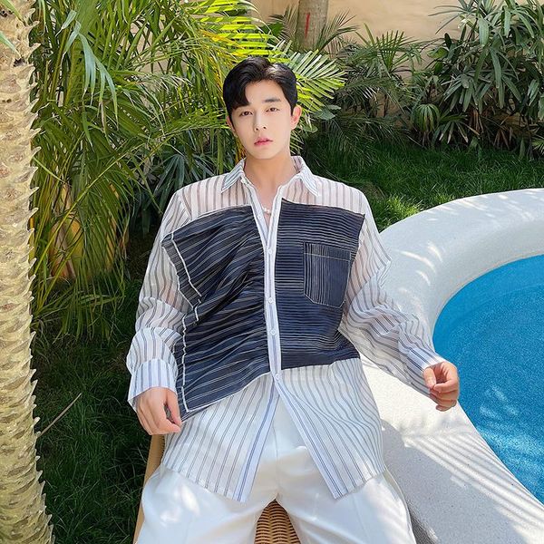 men's casual shirts summer shirt chic striped patchwork korean fashion ultrathin breathable long sleeved men button, White;black
men's casual shirts summer shirt chic striped patchwork korean fashion ultrathin breathable long sleeved men button, White;black