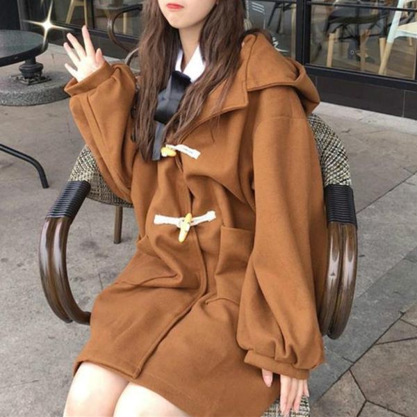 women's wool & blends autumn/winter sweet kawaii girly style woolen coat tender lolita mid-length loose bag hip hooded collar horn butt, Black
women's wool & blends autumn/winter sweet kawaii girly style woolen coat tender lolita mid-length loose bag hip hooded collar horn butt, Black