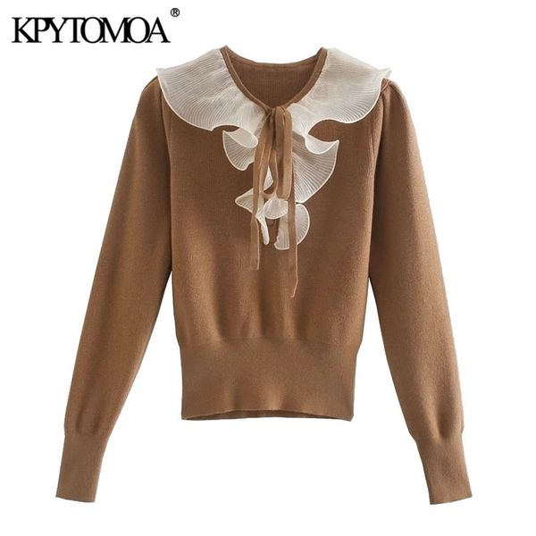 women sweet fashion patchwork ruffled knitted sweater tied o neck long sleeve female pullovers chic 210420, White;black
women sweet fashion patchwork ruffled knitted sweater tied o neck long sleeve female pullovers chic 210420, White;black