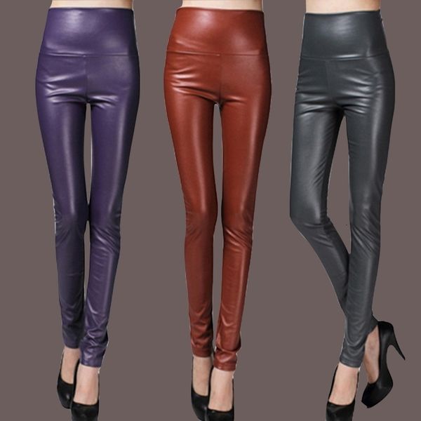 women's pants & capris calça feminina de cintura alta extensÃvel, peça calça couro quente para primavera 638r, Black;white