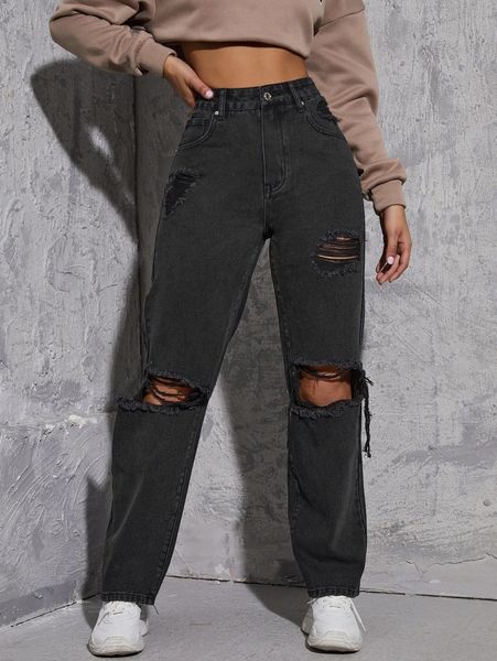 high waist ripped straight leg jeans j7lx#, Blue
high waist ripped straight leg jeans j7lx#, Blue