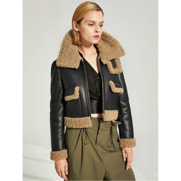 women's leather & faux denny& winter warm shearling jacket short slim fur coat, Black
women's leather & faux denny& winter warm shearling jacket short slim fur coat, Black