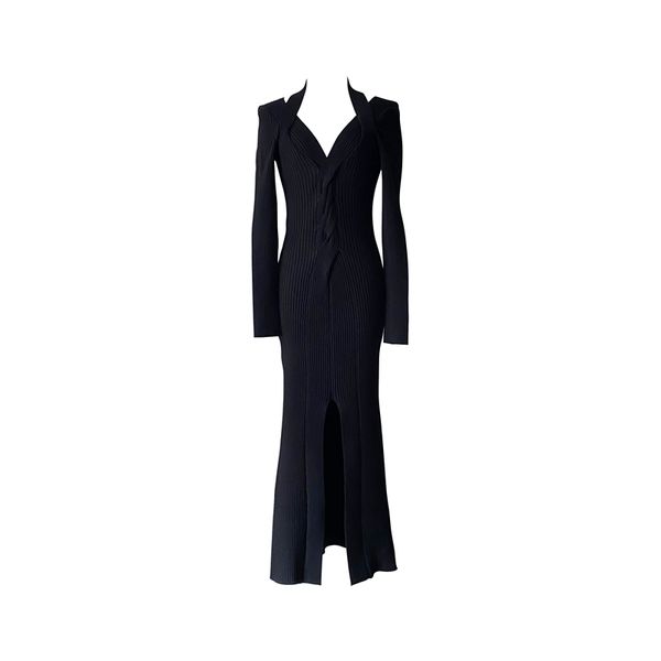 long-sleeved sling knit dress tight slit ruffled base party d3019 210514, Black;gray
long-sleeved sling knit dress tight slit ruffled base party d3019 210514, Black;gray