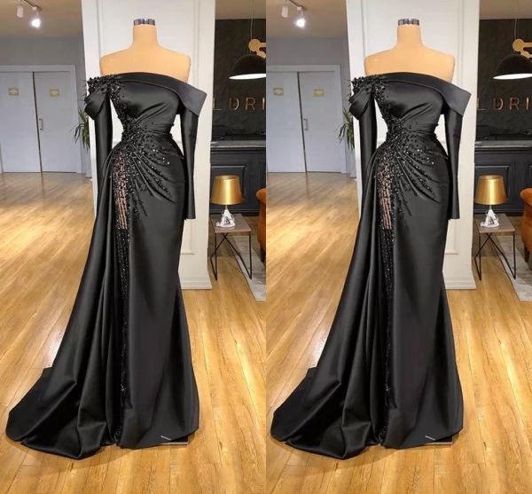 black long sleeves evening dresses satinoff the shoulder 2022 designer beading ruched custom made prom party gown formal occasion wear merma, Black;red
black long sleeves evening dresses satinoff the shoulder 2022 designer beading ruched custom made prom party gown formal occasion wear merma, Black;red