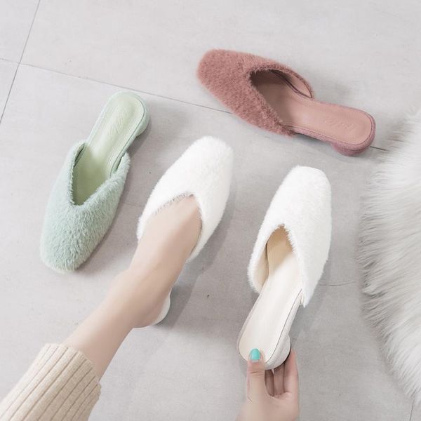 women shoes woman fur slippers mules slides cover pointed toe square mid heels ladies female, Black
women shoes woman fur slippers mules slides cover pointed toe square mid heels ladies female, Black